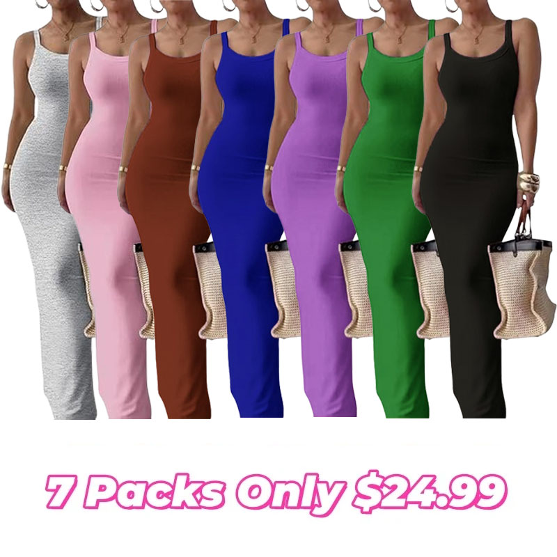 💝Last day promotion-⏰Women Spaghetti Strap U-Neck Casual Maxi Dresses Slim Fit Cami Dress Party Club Bodycon Dress