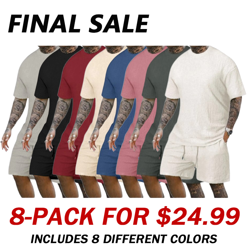 8 Pack-Men's Solid Textured Round Neck Tee & Drawstring Waist Shorts
