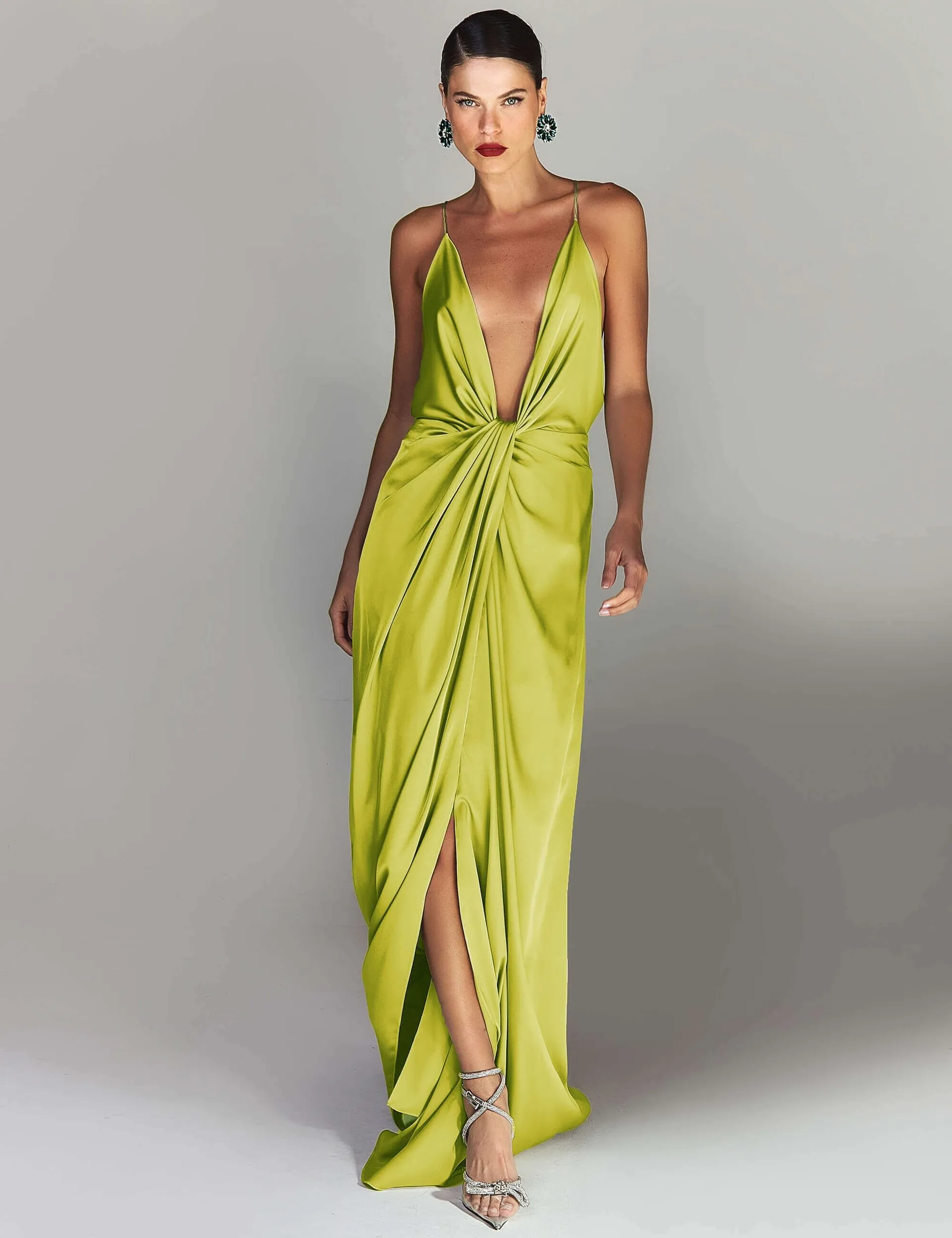 LONG SATIN PARTY DRESS WITH NECKLINE