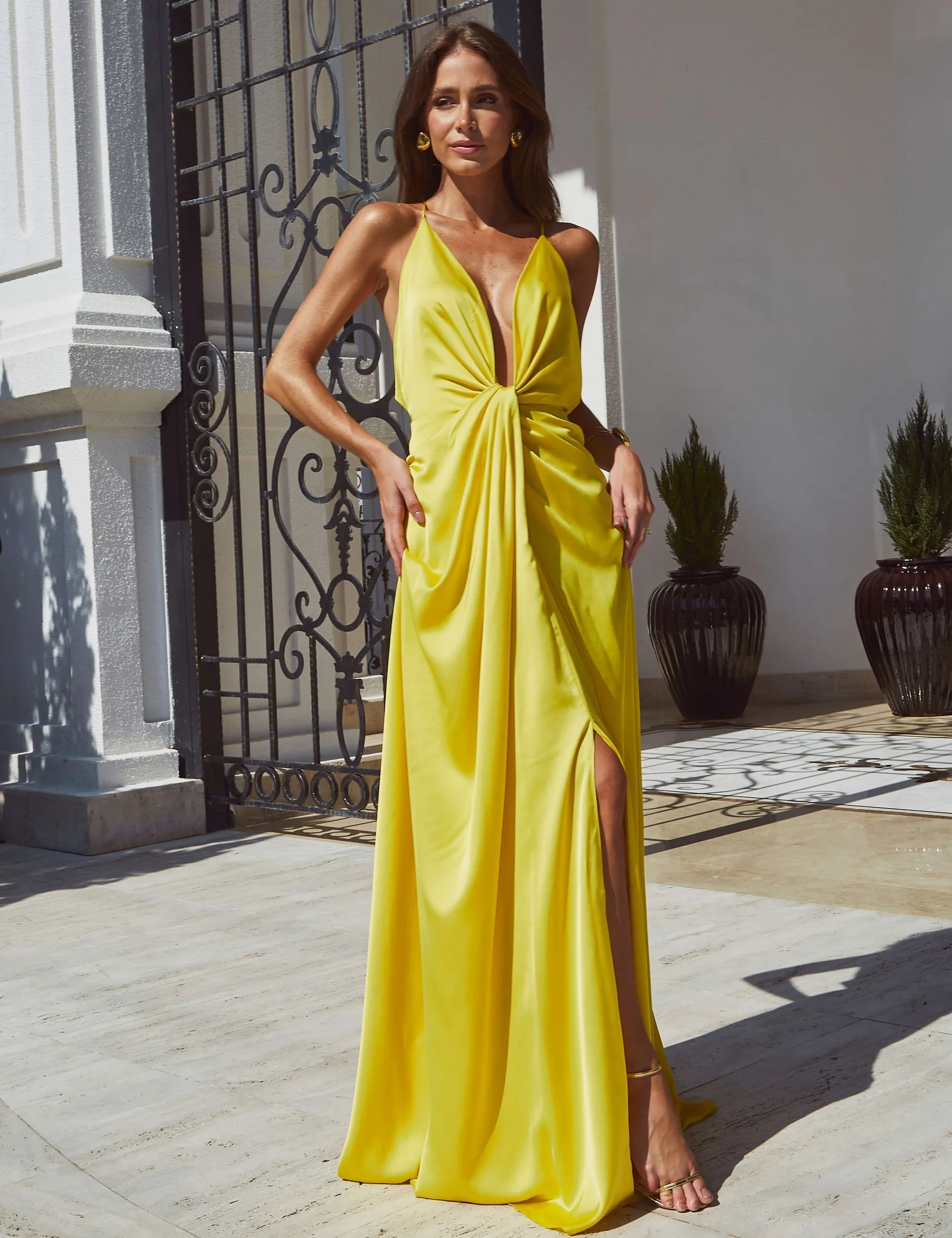 LONG SATIN PARTY DRESS WITH NECKLINE