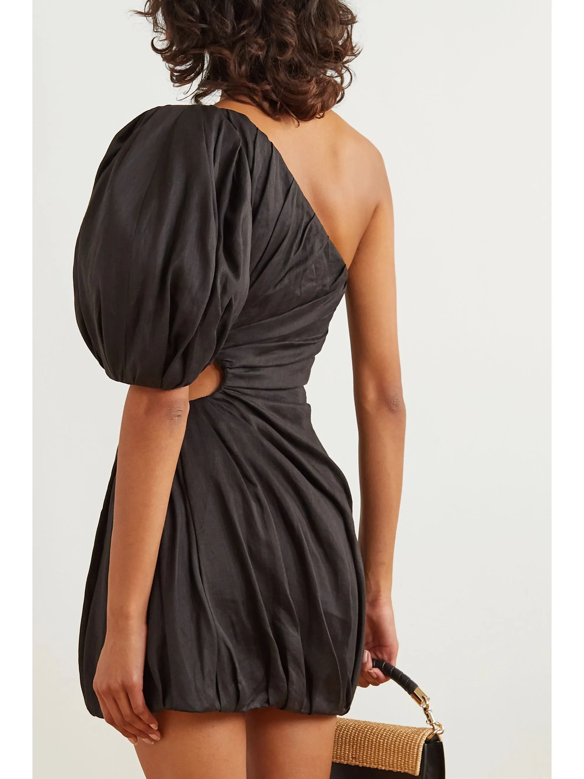 One-shoulder Cutout Gathered Ramie Mini Dress