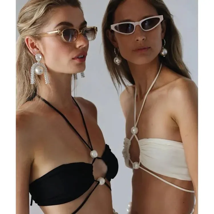 Halterneck Pearl Bandeau High Waist Bikini Swimsuit and Sarong