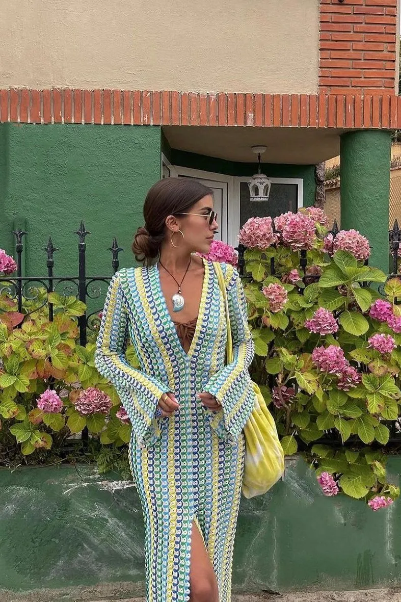 Dawn V-neck Collared Crochet Maxi Dress