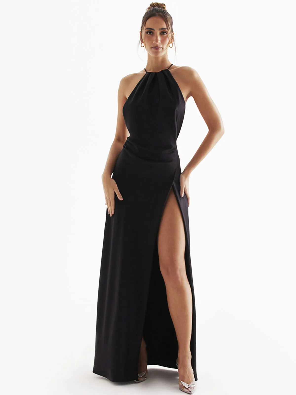 Halter neck open back slit long skirt temperament white dress evening dress