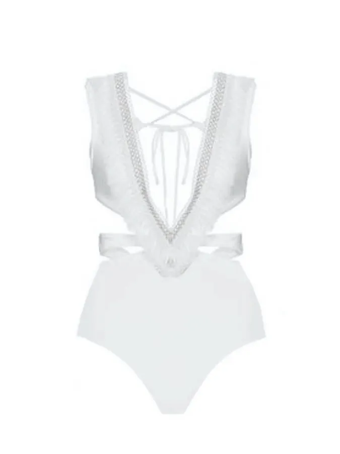 V Neck Tassel Cut Out One Piece Swimsuit