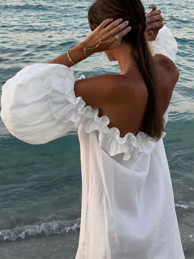 Ruffle Puff Sleeves off Shoulder Holiday Dress