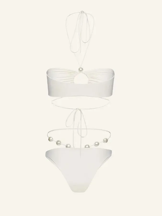 Halterneck Pearl Bandeau High Waist Bikini Swimsuit and Sarong