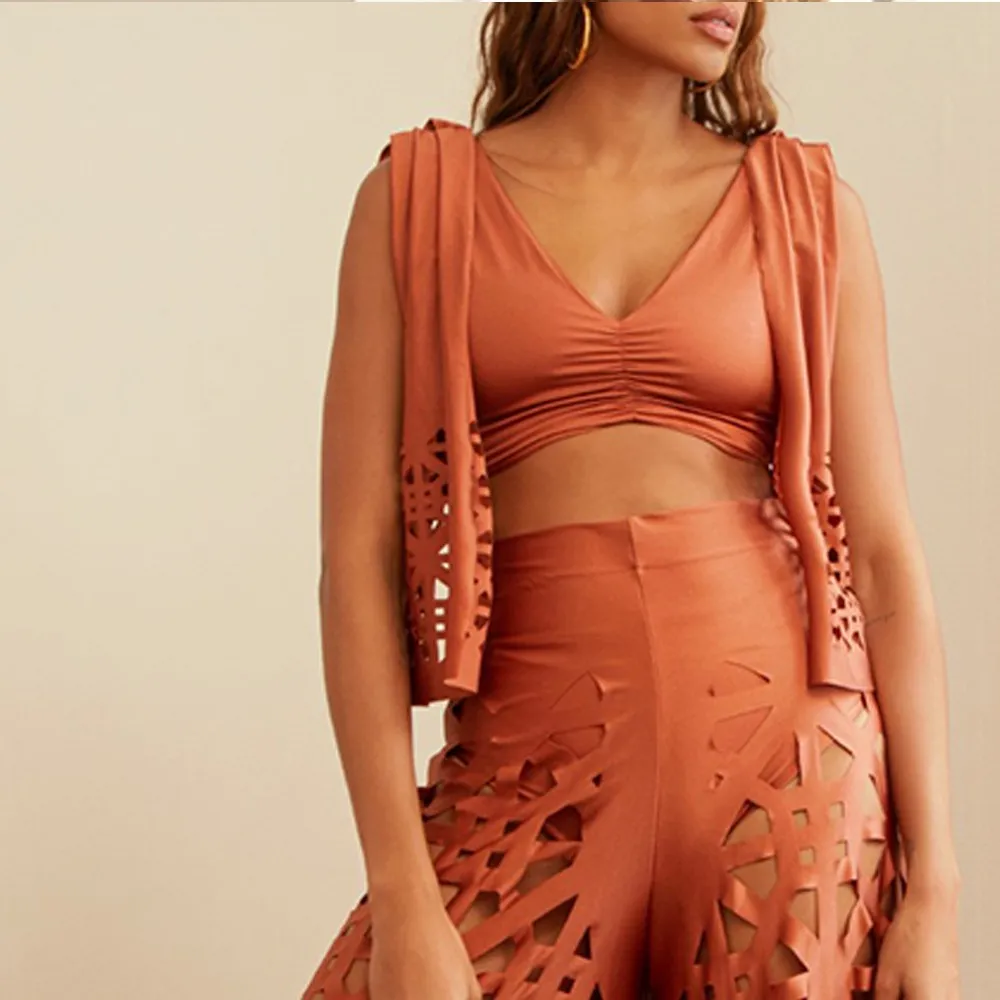 Tie Shoulder Solid Bikini Set and Pants Swimwear