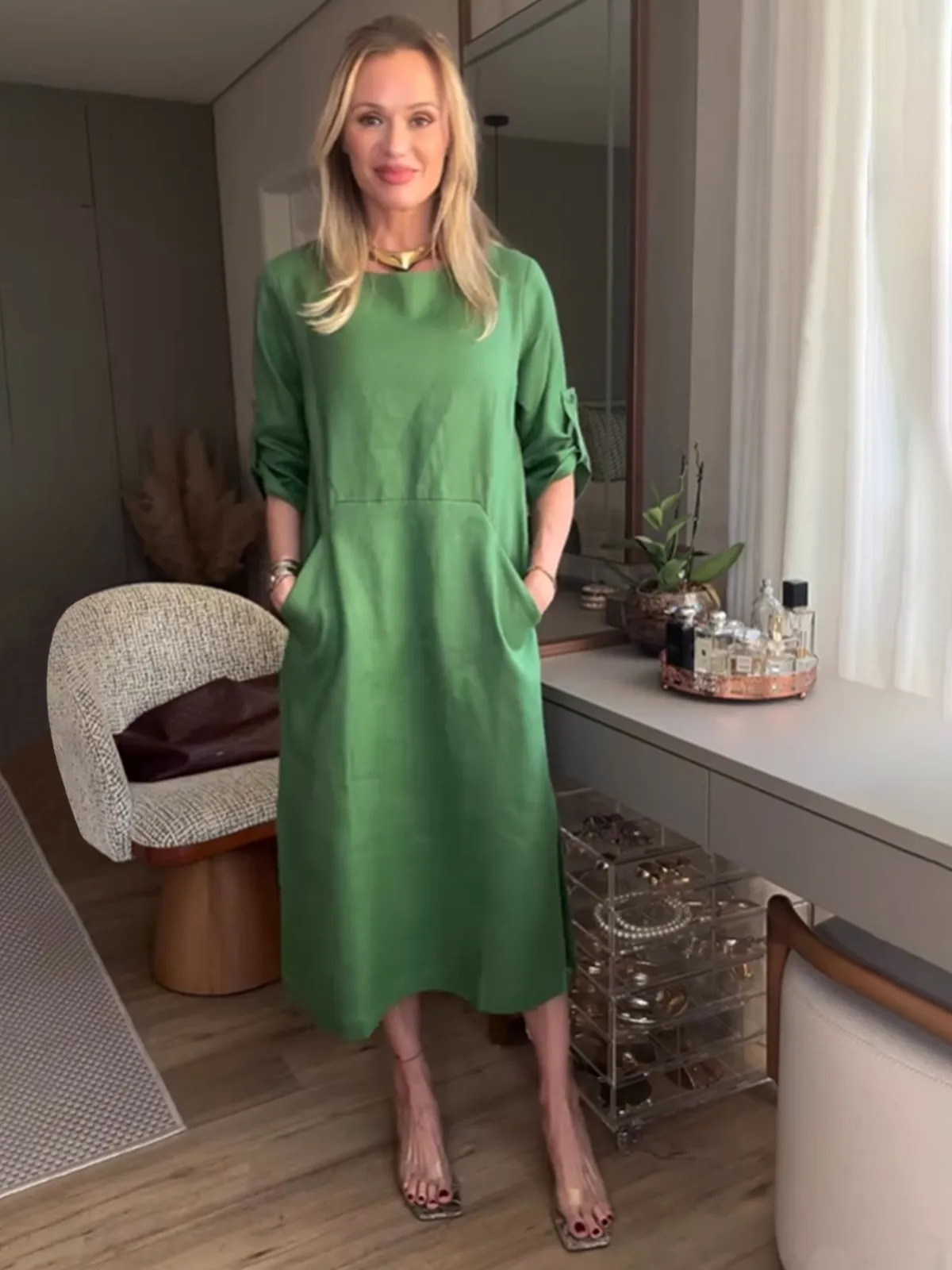 Women's Cotton And Linen Flowing Slit Maxi Dress