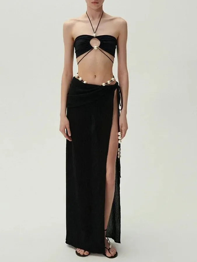 Halterneck Pearl Bandeau High Waist Bikini Swimsuit and Sarong