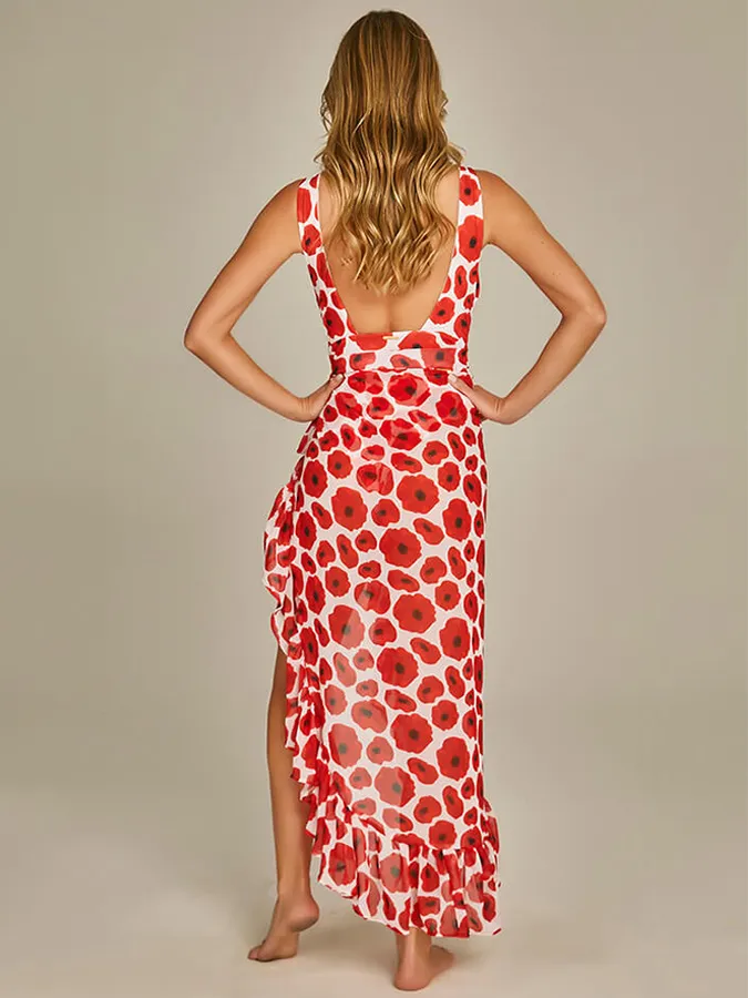 Deep V Print One Piece Swimsuit Set