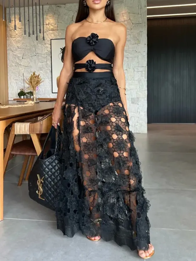 Black 3D Flower One Piece Swimsuit and Skirt