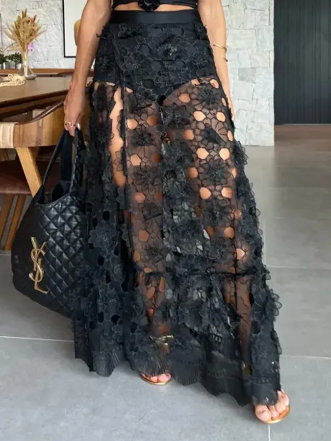 Black 3D Flower One Piece Swimsuit and Skirt