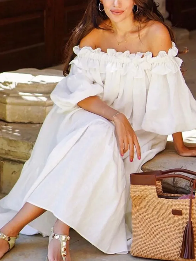 Ruffle Puff Sleeves off Shoulder Holiday Dress