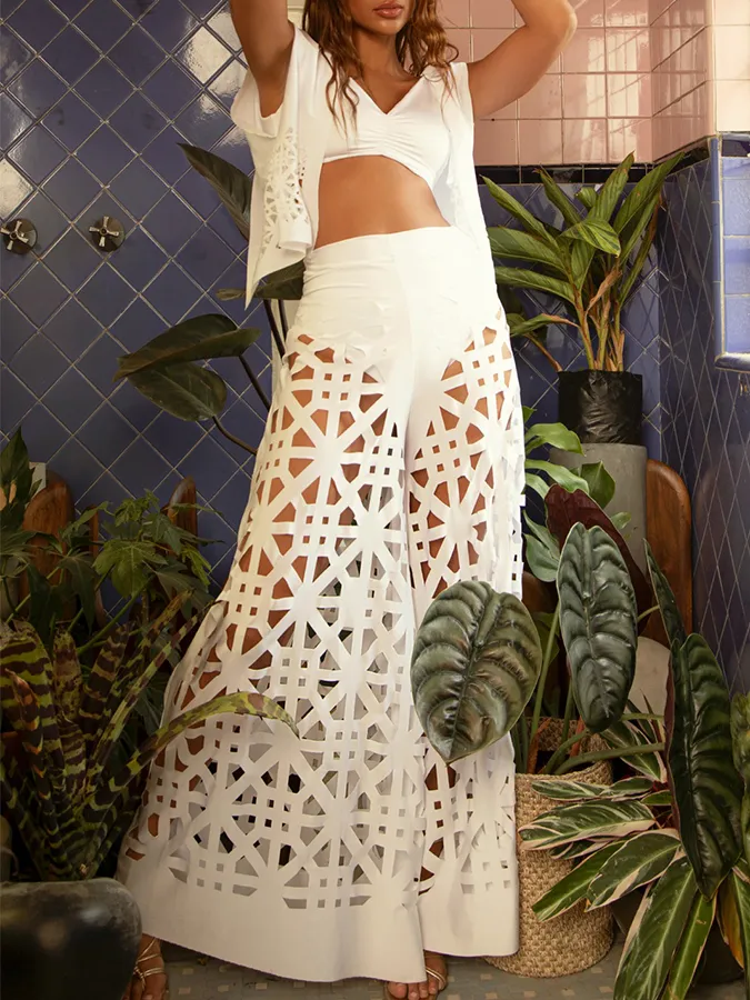 Tie Shoulder Solid Bikini Set and Pants Swimwear