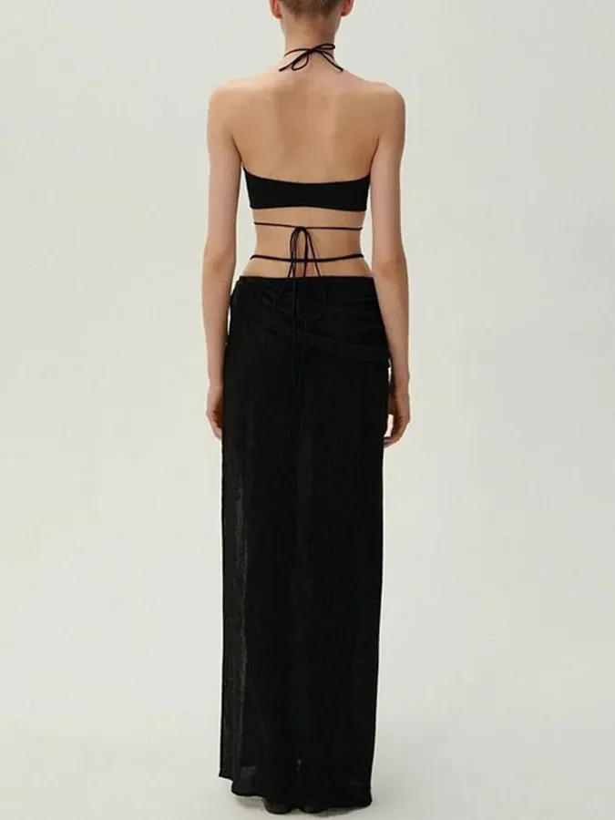 Halterneck Pearl Bandeau High Waist Bikini Swimsuit and Sarong