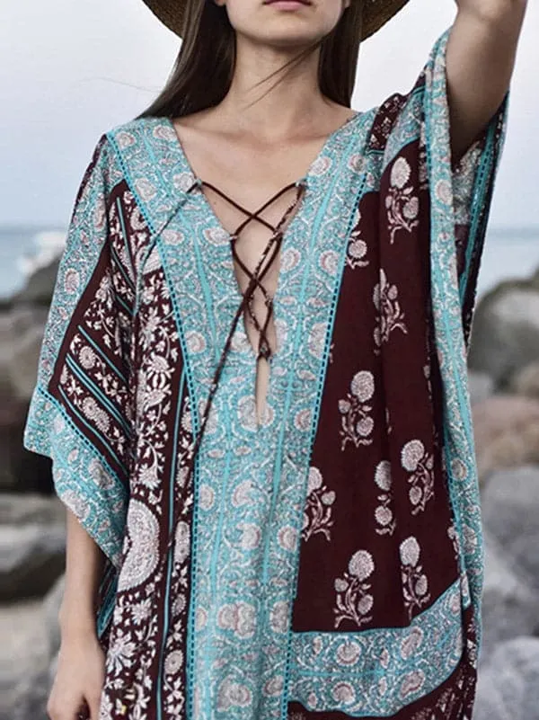 Ethnic Printed Flared Sleeves Cover-Ups Tops