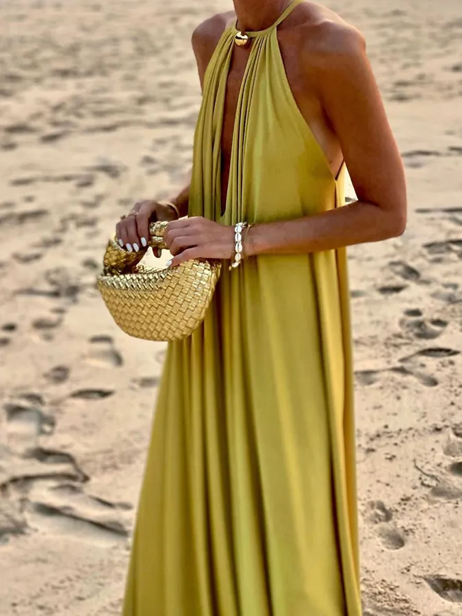 Solid Color Halterneck Sleeveless Loose Dress