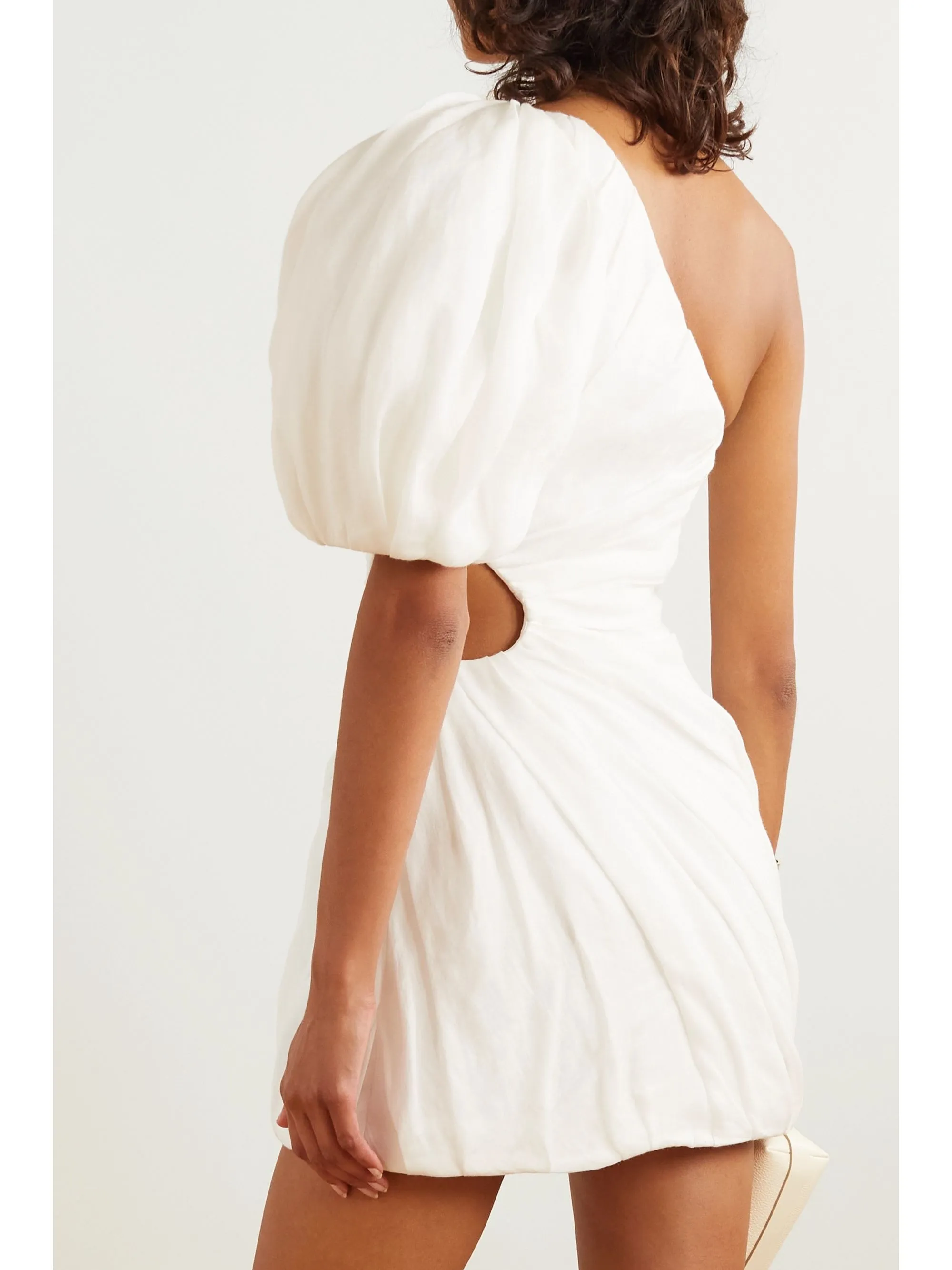 One-shoulder Cutout Gathered Ramie Mini Dress