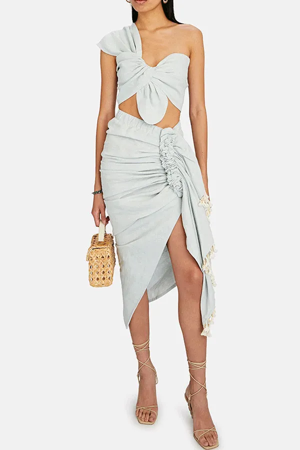 Solid One-Shoulder Swimsuit and Beach Skirt