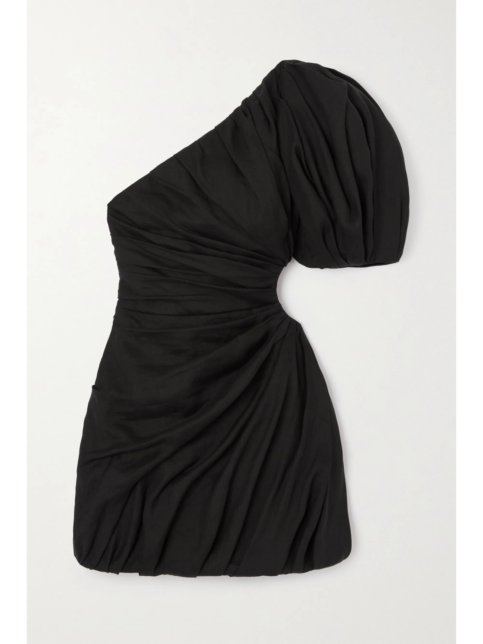 One-shoulder Cutout Gathered Ramie Mini Dress