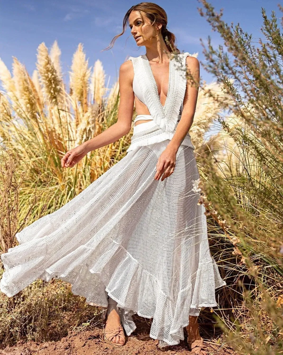 V Neck Tassel Cut Out One Piece Swimsuit