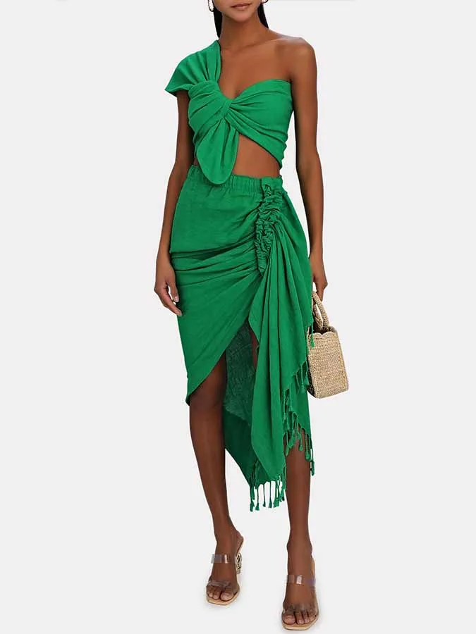 Solid One-Shoulder Swimsuit and Beach Skirt