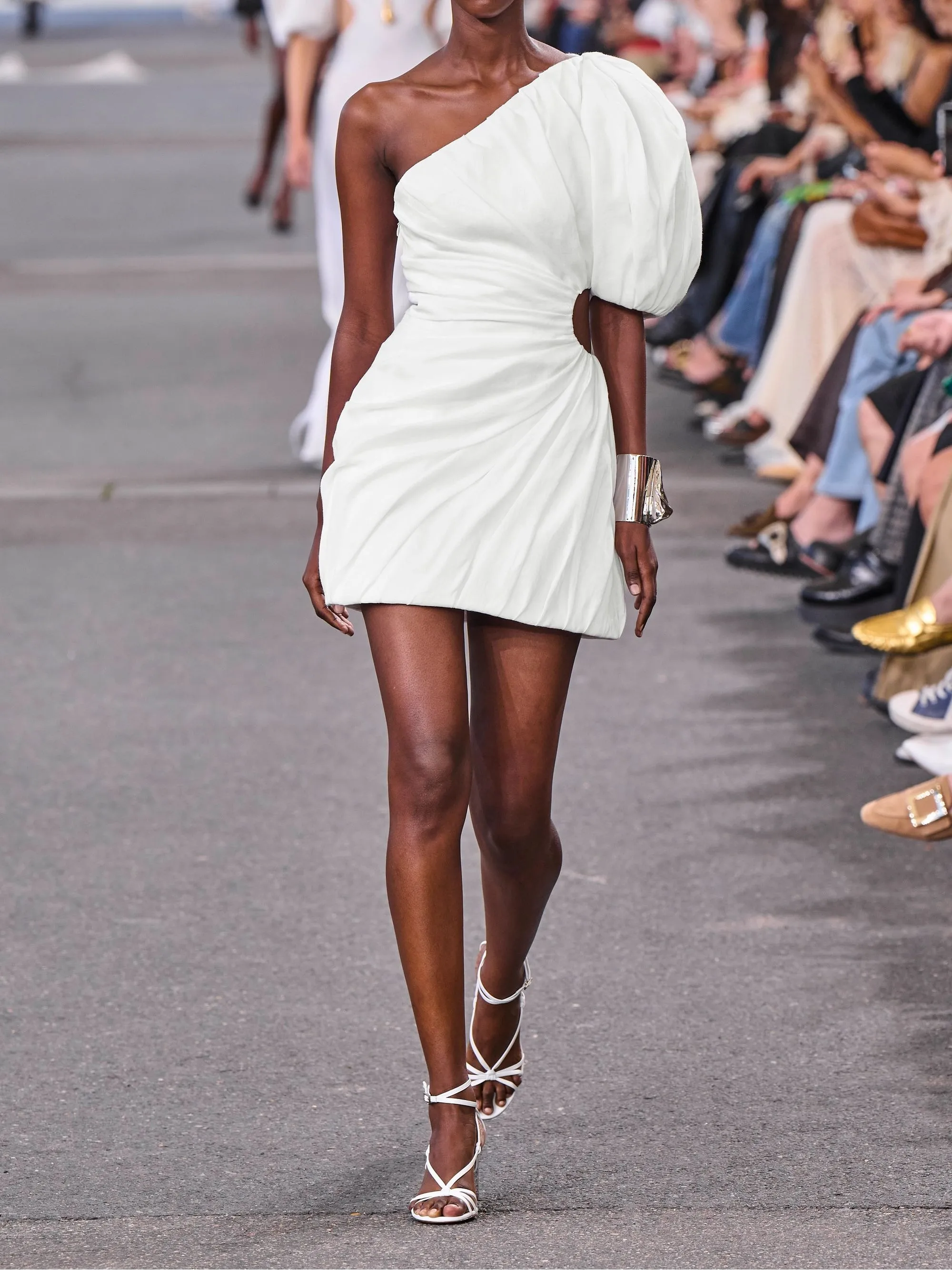 One-shoulder Cutout Gathered Ramie Mini Dress