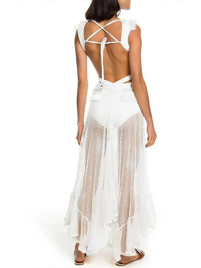 V Neck Tassel Cut Out One Piece Swimsuit