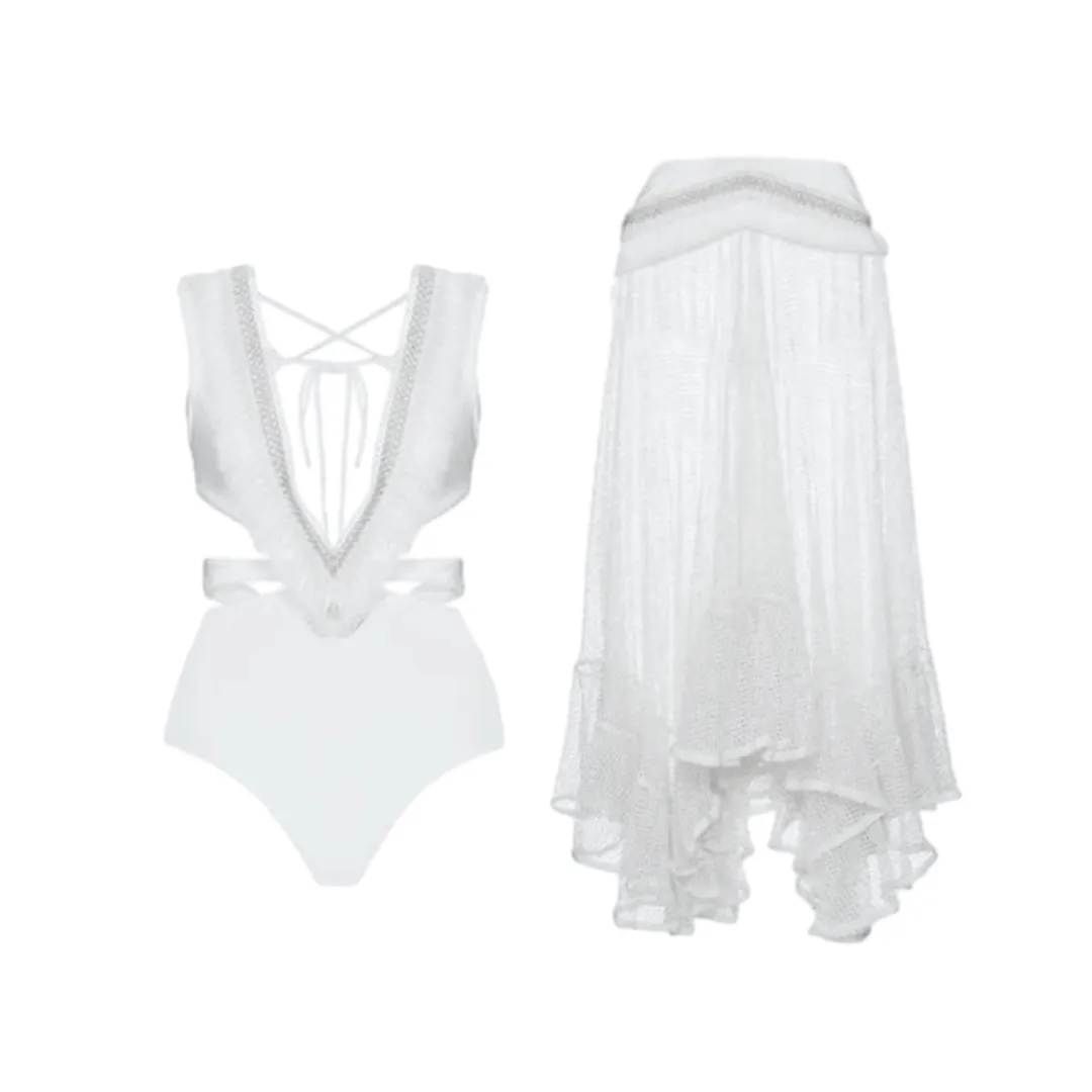 V Neck Tassel Cut Out One Piece Swimsuit