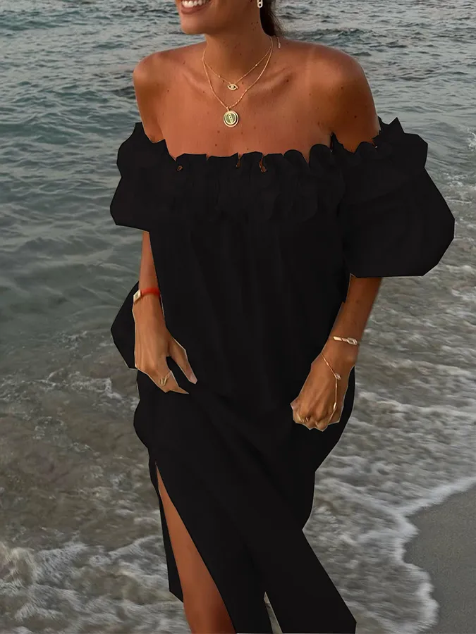 Ruffle Puff Sleeves off Shoulder Holiday Dress