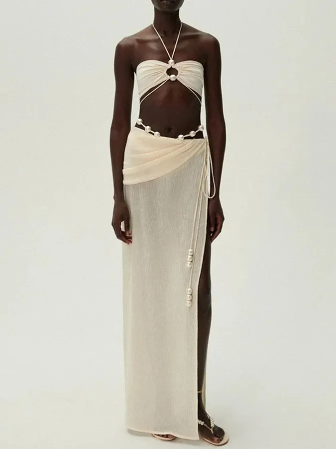 Halterneck Pearl Bandeau High Waist Bikini Swimsuit and Sarong