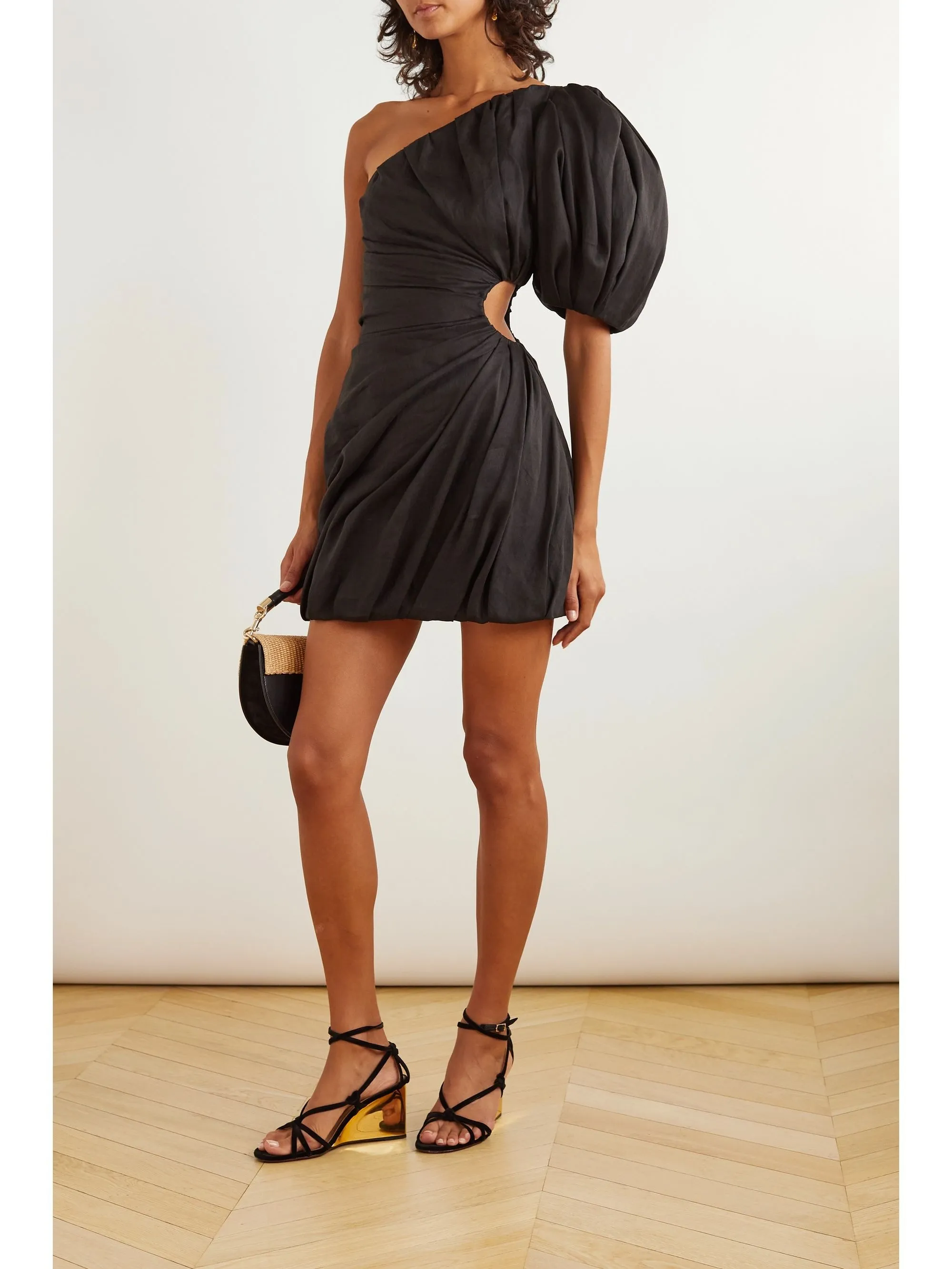 One-shoulder Cutout Gathered Ramie Mini Dress