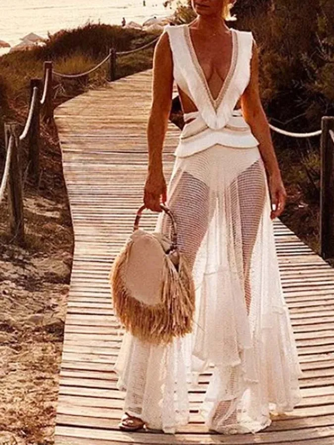 V Neck Tassel Cut Out One Piece Swimsuit