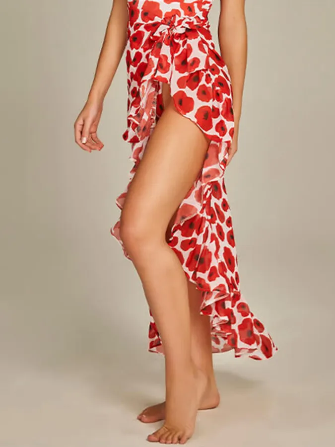 Deep V Print One Piece Swimsuit Set
