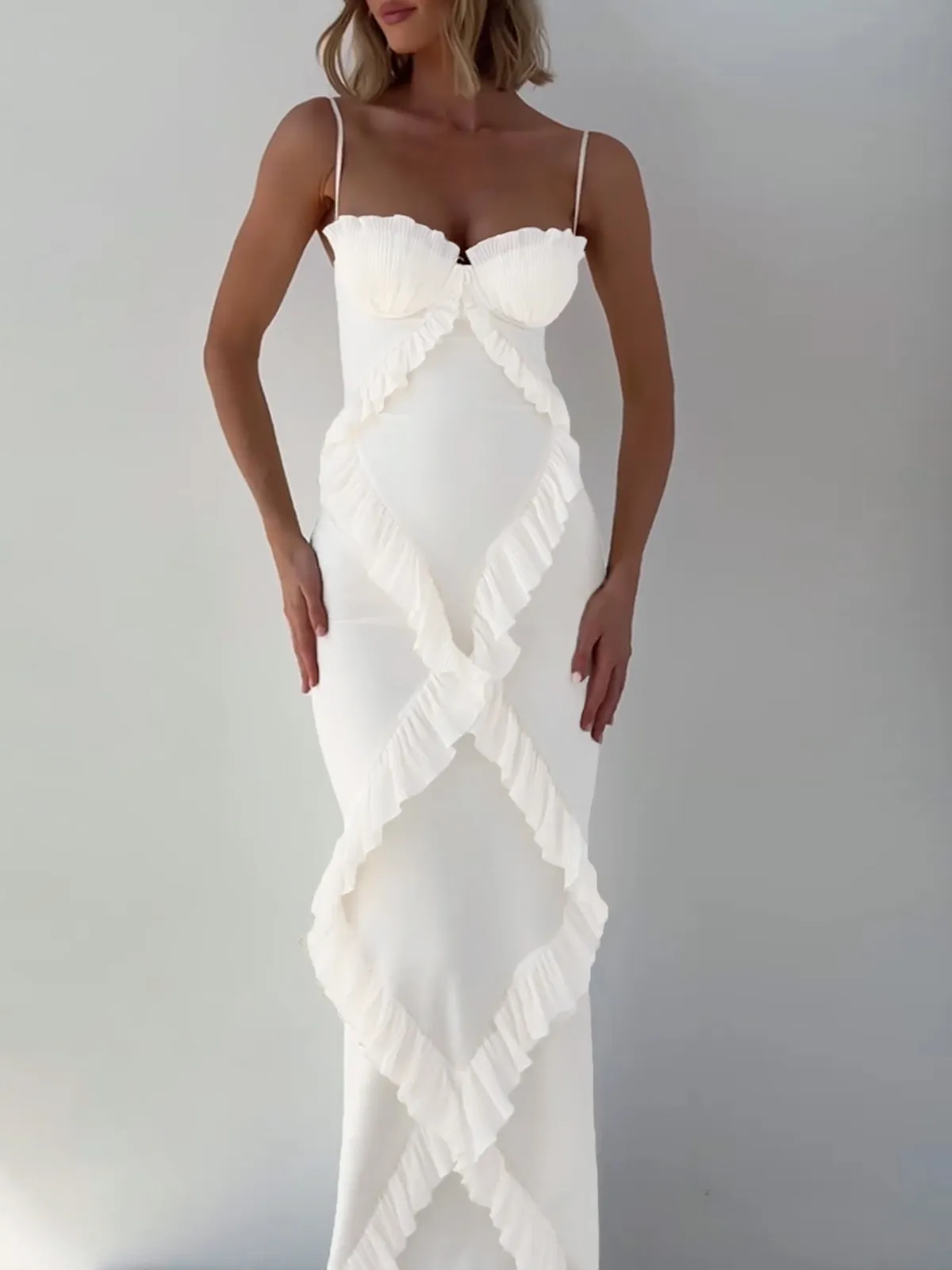 White fungus-trimmed slit maxi dress