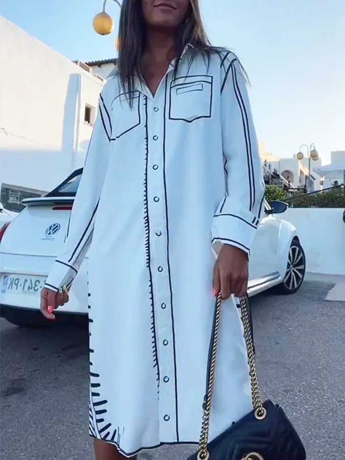 White Long Sleeves Shirt Collar Loose Midi Dress