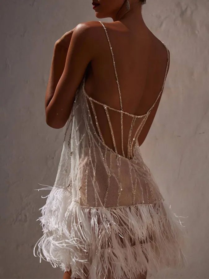 Tassel Mesh Sequin Suspender Mini Party Dress
