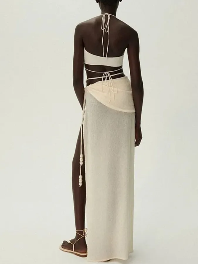 Halterneck Pearl Bandeau High Waist Bikini Swimsuit and Sarong