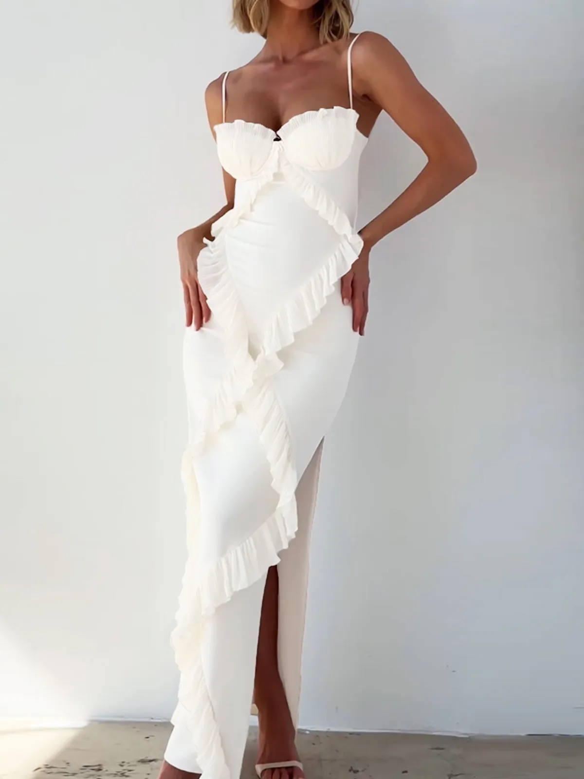 White fungus-trimmed slit maxi dress