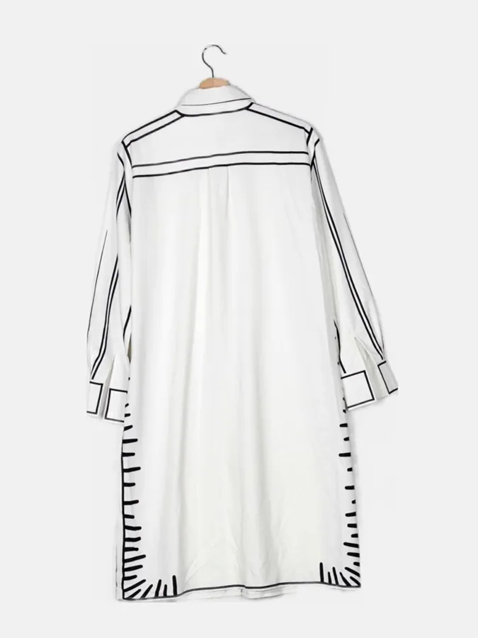 White Long Sleeves Shirt Collar Loose Midi Dress