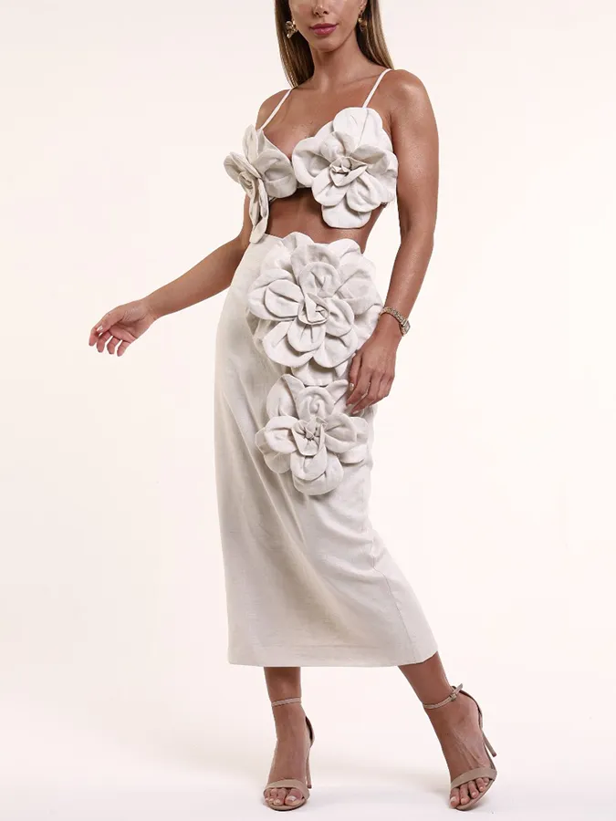 Beach Vacation Three-Dimensional Floral Solid Color Top And Skirt Suit