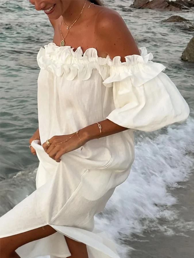 Ruffle Puff Sleeves off Shoulder Holiday Dress