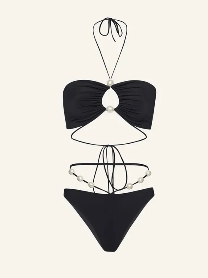 Halterneck Pearl Bandeau High Waist Bikini Swimsuit and Sarong