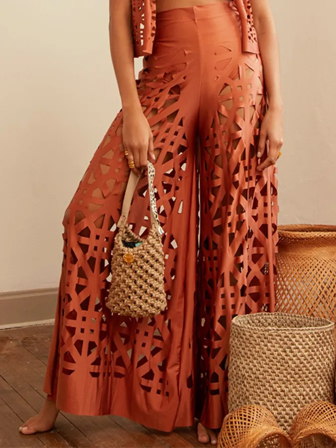 Tie Shoulder Solid Bikini Set and Pants Swimwear