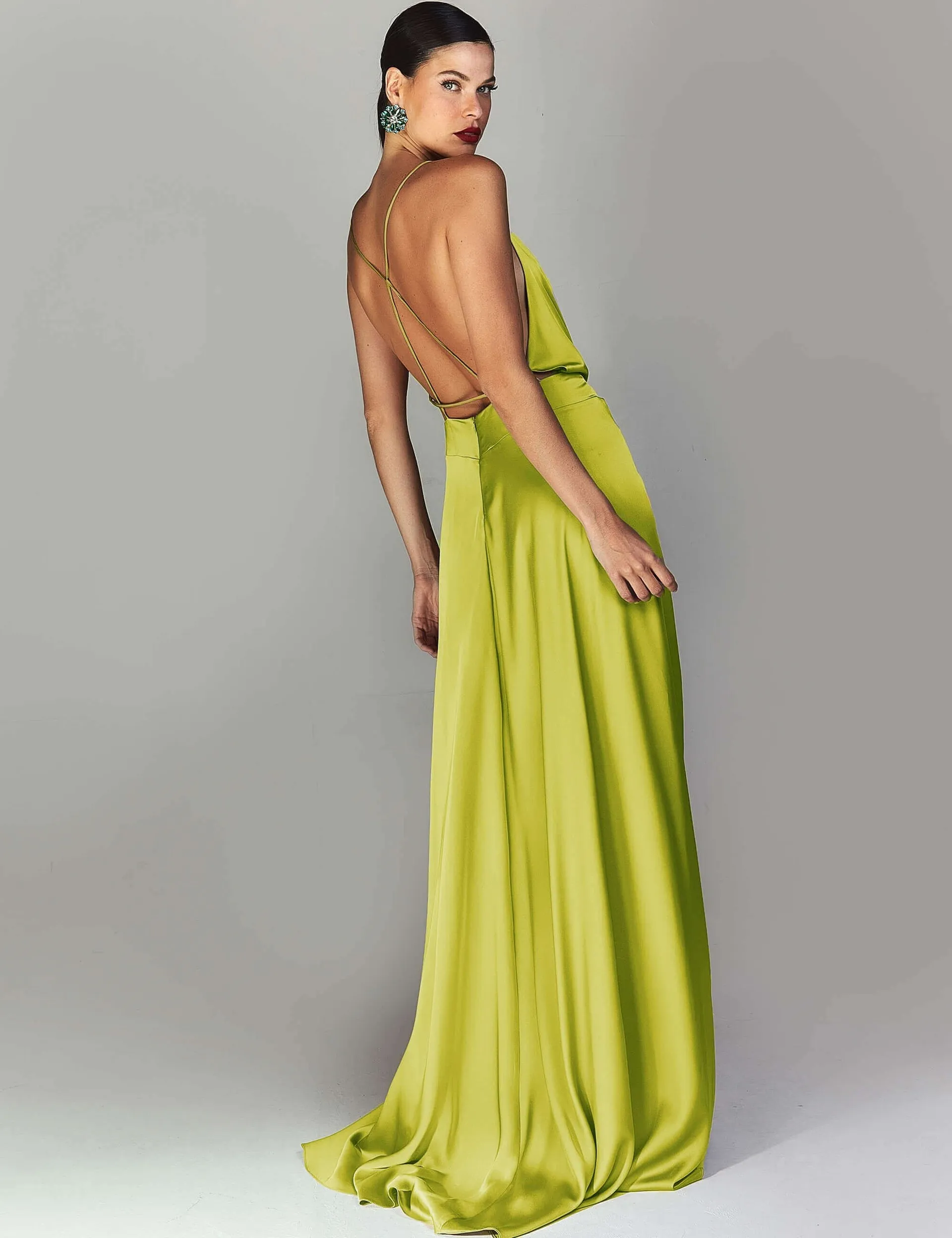 LONG SATIN PARTY DRESS WITH NECKLINE