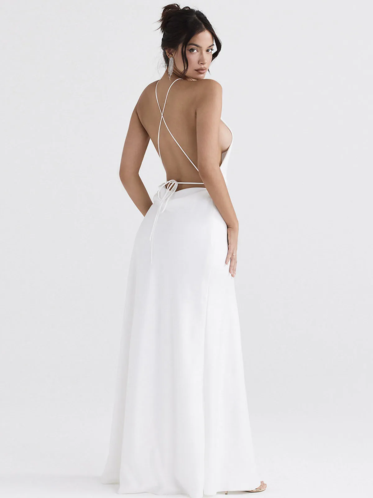 Halter neck open back slit long skirt temperament white dress evening dress