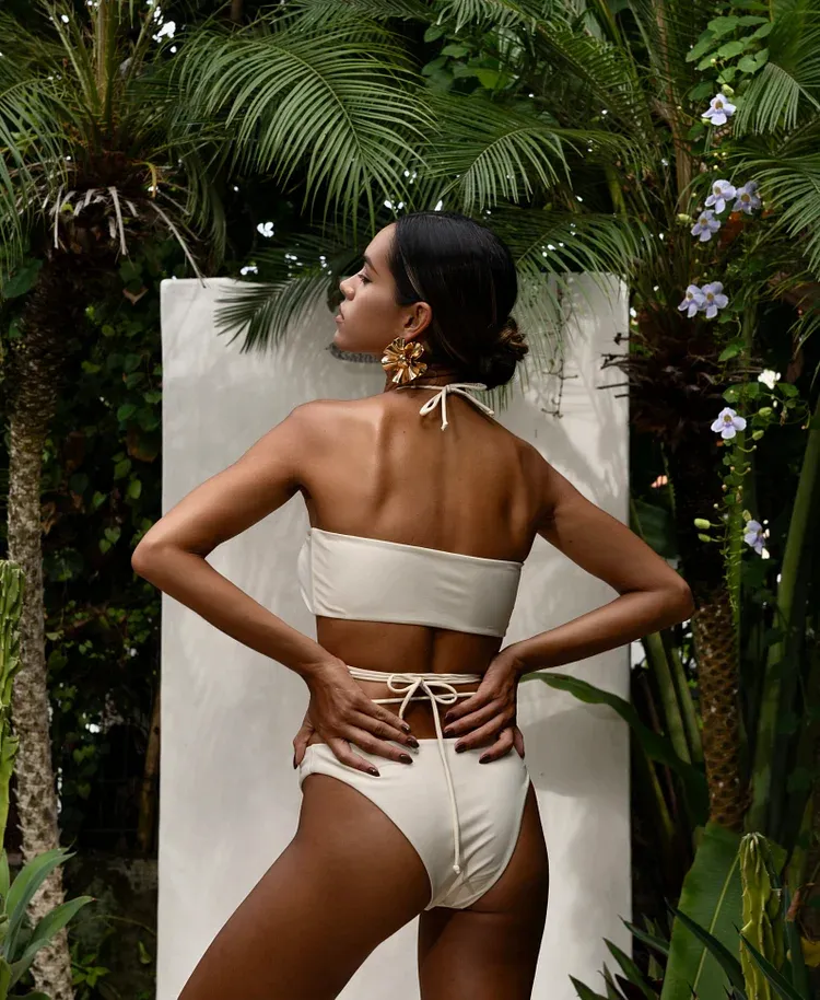 Halterneck Pearl Bandeau High Waist Bikini Swimsuit and Sarong