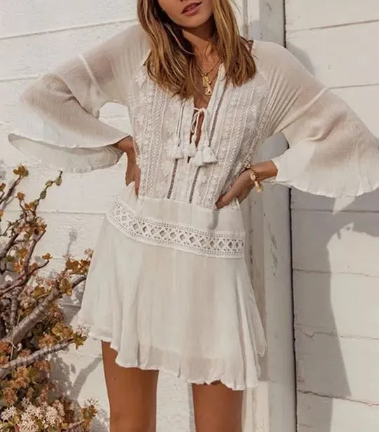 Chiffon Wrinkled Lace Trumpet Sleeve Bikini Cover-Ups