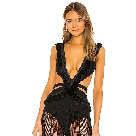 V Neck Tassel Cut Out One Piece Swimsuit